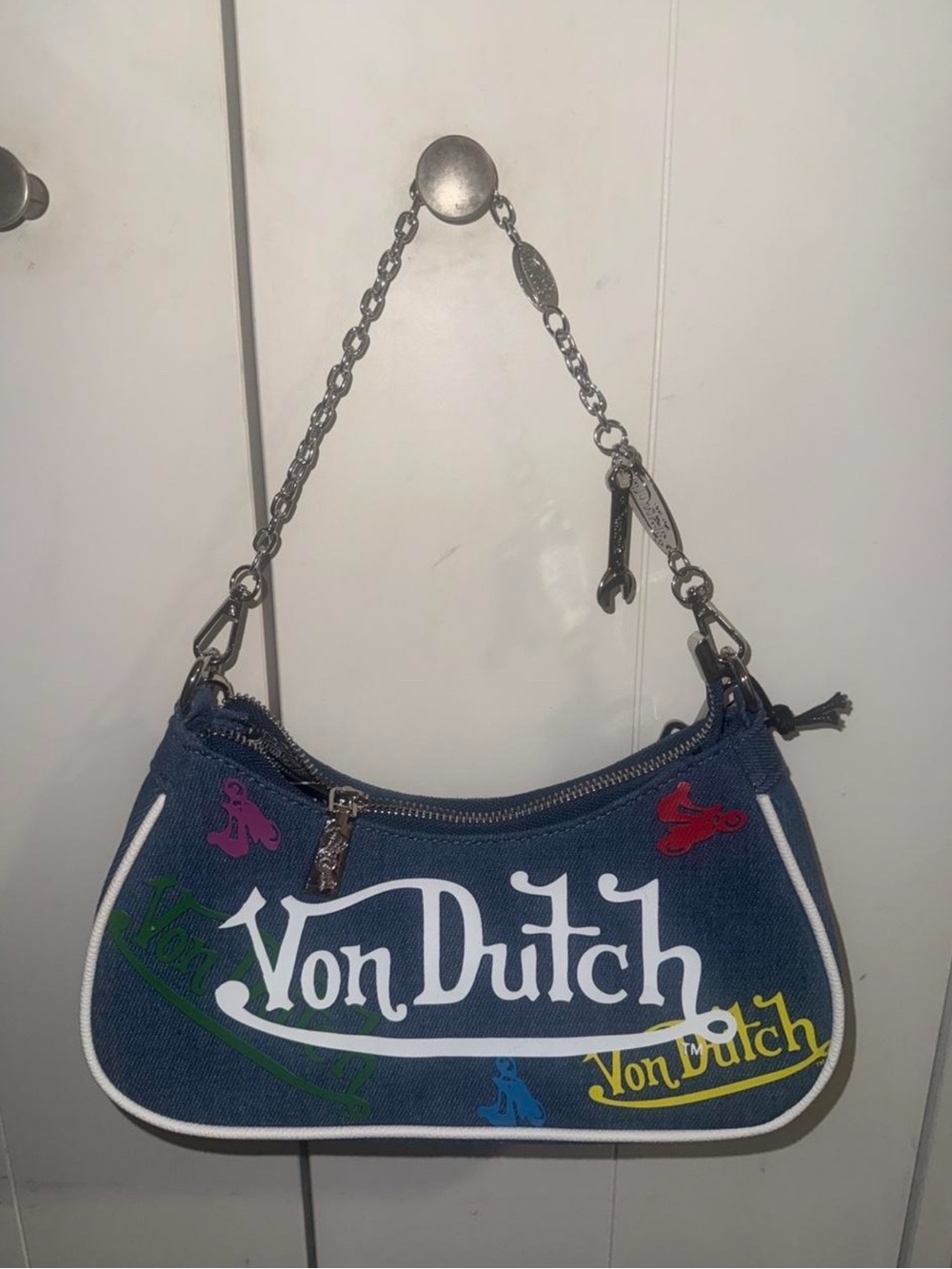 Von Dutch Denim Logo Shoulder Bag with Multicolor Accents